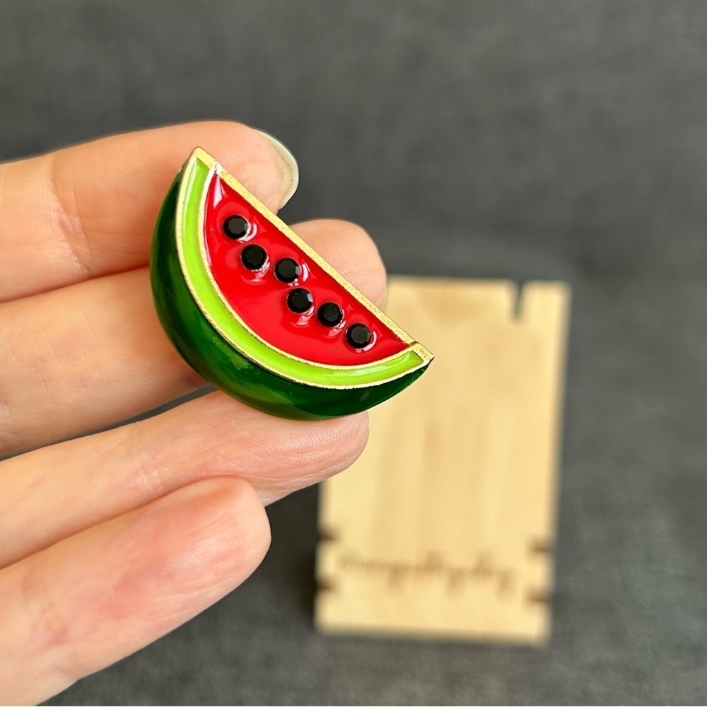 Watermelon Brooch Pin with Fashion Gemstones, Pink, Green, Black - Picture 4 of 17